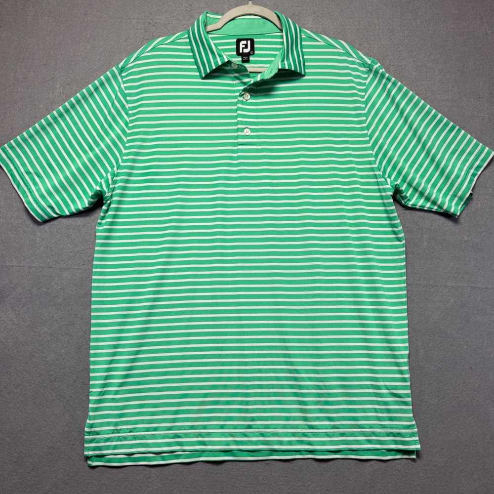FootJoy Mens Large Green White Striped Performance Golf Polo Shirt Short Sleeve